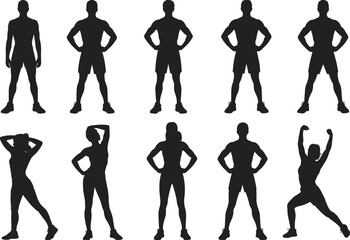 PrinSilhouette fitness poses, diverse workout positions, exercise illustrations, athletic figures, gym inspiration, health and wellness, vector art, Adobe Stockt