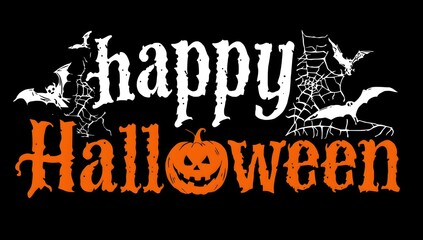 Spooky happy halloween text design with a jack o lantern bats and a haunted castle silhouette on a black background