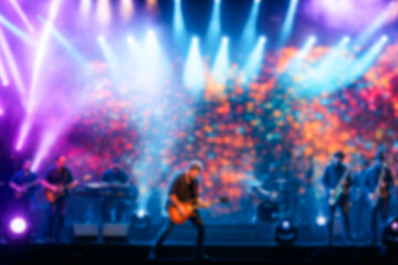 Blurred background rock concert with light background, concert in hall at night. people enjoying music performance in hall. musicians on the stage and spotlights with colored rays. concert and crowd.