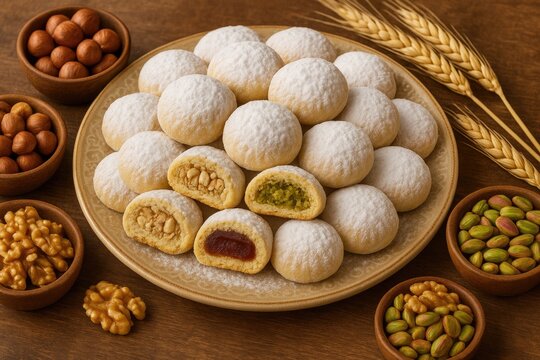 Celebratory Cookies for Islamic Festivals: Powdered Sugar-Coated Arabic Sweets Filled with Nuts