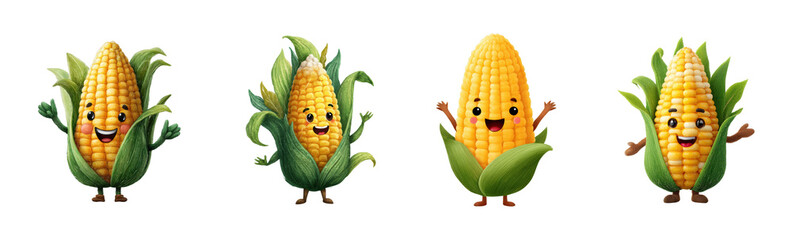 Joyful corn characters celebrating nature fun animation colorful playful scene PNG set, cut out, isolated on transparent background