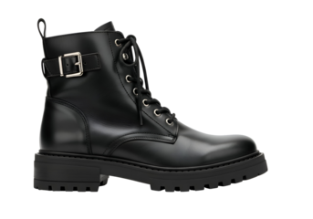 Stylish Black Leather Combat Boot with Buckle Detail.