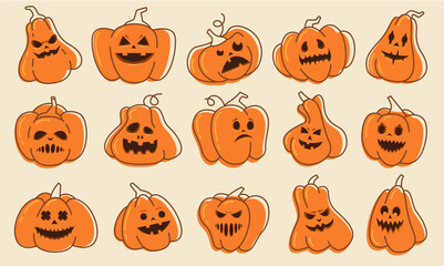 Halloween doodle faces. Cartoon scary pumpkin lanterns with spooky faces, cute funny scary traditional halloween pumpkins characters. Vector holiday symbol isolated set