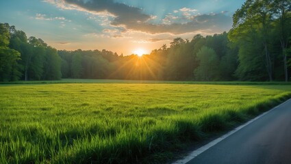 Obraz premium Bright afternoon scene in a wooded area with vibrant green meadows