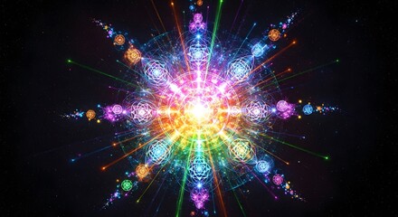 Vibrant Colorful Light Burst with Geometric Patterns in Space Setting