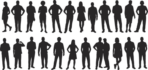 PrintSilhouettes of diverse people standing, isolated on white background, vector illustration, human figures, group poses, stock image, design asset