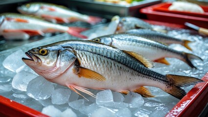Sea bream caught fresh and laid on ice at the marketplace, with additional fish tails and red-colored surroundings