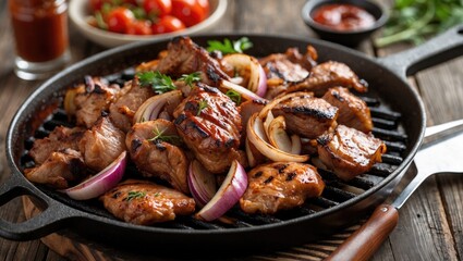 Mixed grilled meat platter accompanied by onions
