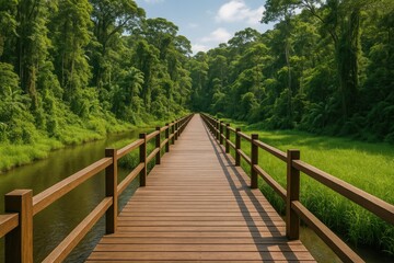 Obraz premium Wooden bridge amidst dense rainforest during rainfall