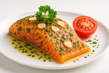 Delicious salmon fillet infused with garlic and parsley, drizzled with olive oil