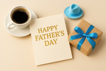 Celebration Card Featuring Coffee, Gift, and Paper Hat for Father's Day - Light Background Flat Lay