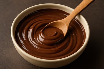 Smooth chocolate liquefied in a bowl accompanied by a wooden spoon