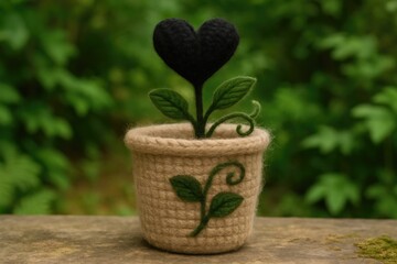Handmade wool flower container adorned with a black heart design