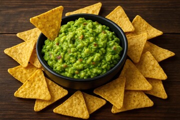 Tortilla chips with creamy guacamole displayed on a wooden table