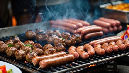 Naklejka premium Tasty Grilled Meat Snacks Served by Vendors in Southeast Asia