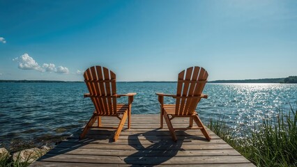 Seating on a lakeside pier with expansive blue waters and an open sky in the background