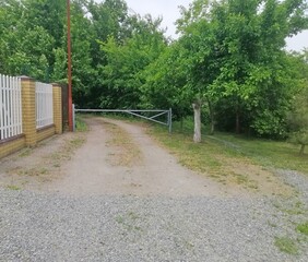 Lush green trees and foliage framing entrance path in quiet village area, suggesting connection to nature and outdoor simplicity. Entrance flanked by thick trees and greenery.barrier on country road