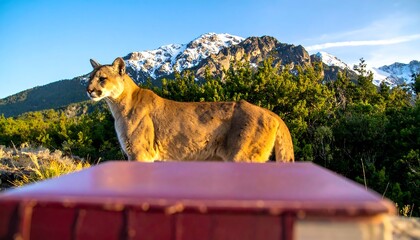 Cougar in mountains, book foreground