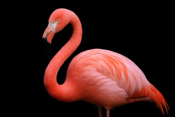Isolated flamingo with pink feathers on a black background
