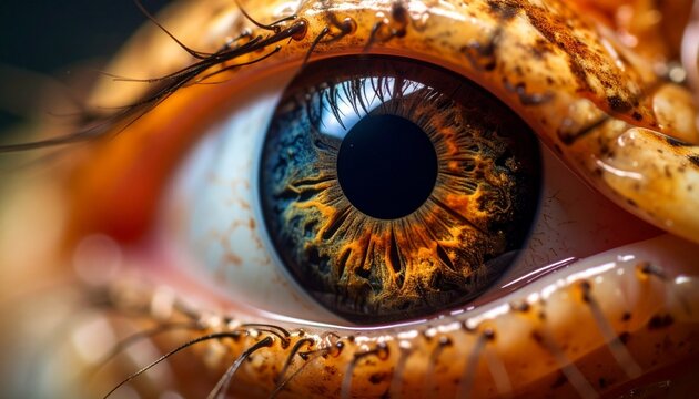 Intense macro photograph of a fantastical creature's eye, featuring a mesmerizing iris with fiery orange and deep blue cosmic patterns