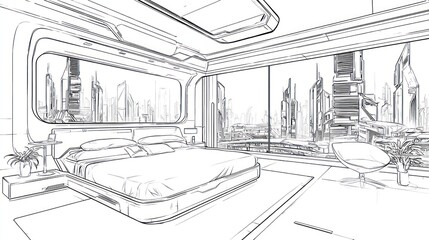 Obraz premium Futuristic bedroom outline, big windows overlooking a sprawling cityscape