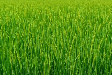 Vibrant green rice plants growing in flooded fields