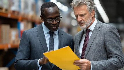 Business partners review documents in warehouse with discussing strategy  logistics.
