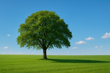 Tranquil rural landscape featuring a lone tree amidst vibrant green meadows and a bright blue sky