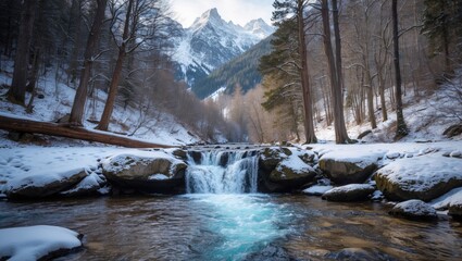 Winter Wilderness: Flowing Water at the Mountain's Base