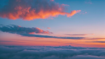 Fototapeta premium Serene autumn evening sky painted with orange in blue twilight, showcasing darkened clouds and soft pastel shades