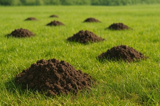 Tiny landforms shaped by a subterranean animal, earth mounds and a lush meadow