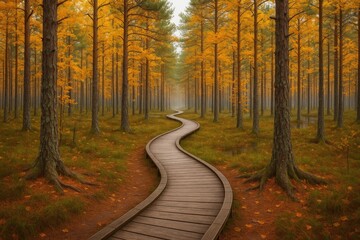 Exploring nature along wooden trails in a pine forest and marshland