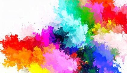 Obraz premium Vibrant rainbow paint splatters across a white background, energetic and artistic abstract composition