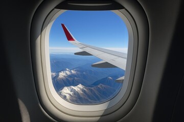 Scenic mountain landscape seen through airplane window