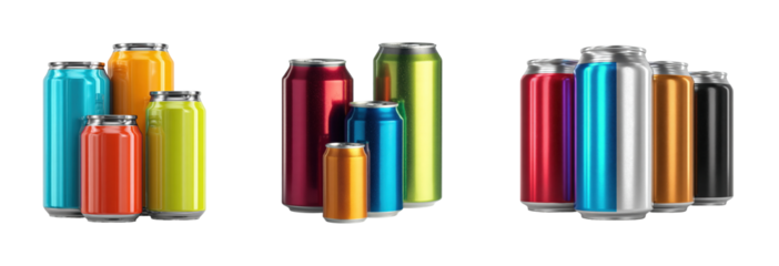 Colorful cans display product bright lighting PNG set, cut out, isolated on transparent background