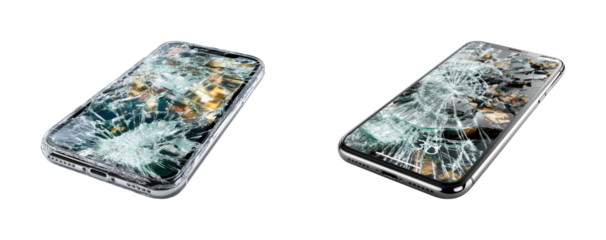 Broken smartphone screens urban environment digital content view PNG set, cut out, isolated on transparent background
