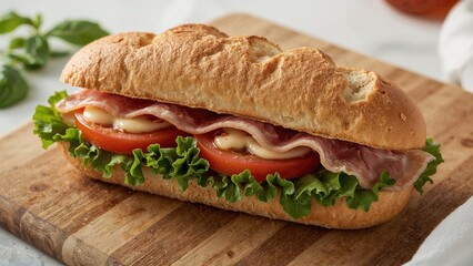 Hearty sandwich combining meat, cheese, and fresh vegetable leaves