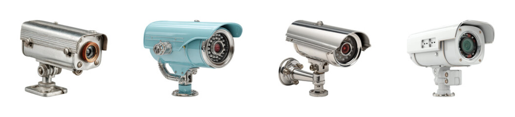 Cctv cameras in modern design urban product showcase technology PNG set, cut out, isolated on transparent background