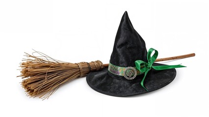 Classic Symbols of Halloween: Pointed Hat with Green Band and Silver Buckle, Witchâ€™s Broomstick Isolated