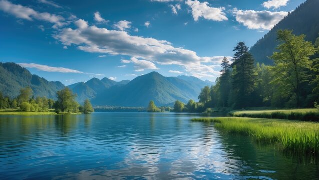 Serene water body bordered by verdant foliage beneath a bright blue sky