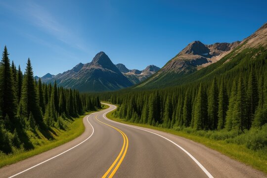 Scenic mountain road under a bright sky