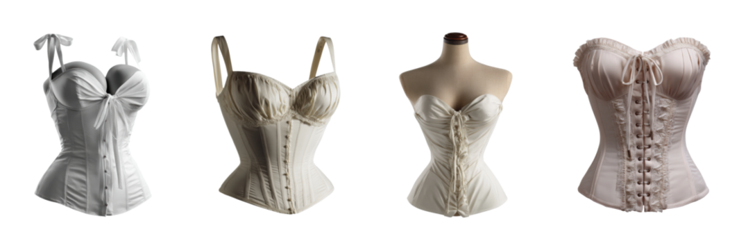 Elegant corsets displayed on mannequins fashion product showcase lighting PNG set, cut out, isolated on transparent background