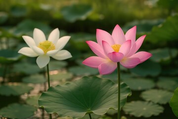 Lotus flowers, often seen in white and pink shades, flourish in warm, shallow, and murky aquatic environments.
