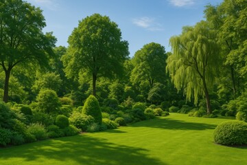 Fototapeta premium Vibrant park scene featuring lush plants and tall trees