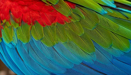 Obraz premium Close-up of a parrot's colorful plumage, showcasing a stunning gradient of brilliant red, lush green, and serene blue feathers, highlighting their intricate texture and natural beauty
