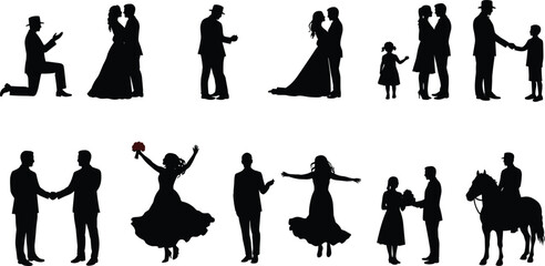 Romantic wedding silhouettes, proposal, bride and groom, family celebration, joyful moments, couple handshake, bouquet toss, horse rider, happiness, love story
