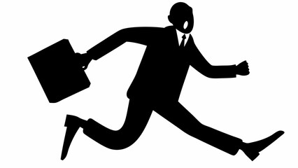 Silhouette of a businessman running with a briefcase in a hurry against a white background design element