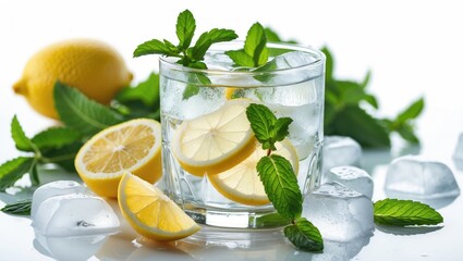 Cool lemon-infused water with fresh mint served chilled against a white background
