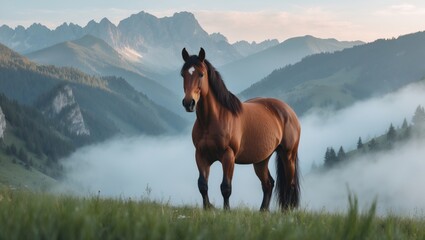Equine silhouette in foggy mountain landscape