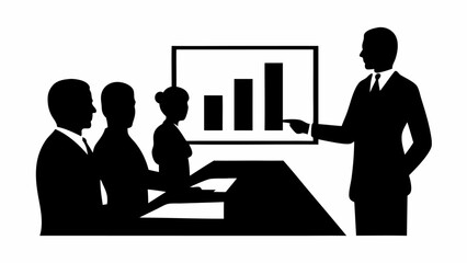 Silhouette illustration of a business presentation with a chart and several people attending the meeting